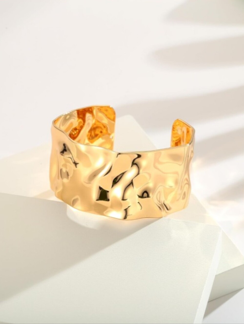 ​Gold Crumpled Cuff Bracelet Chunky Hammered Metallic Open Bangle Statement